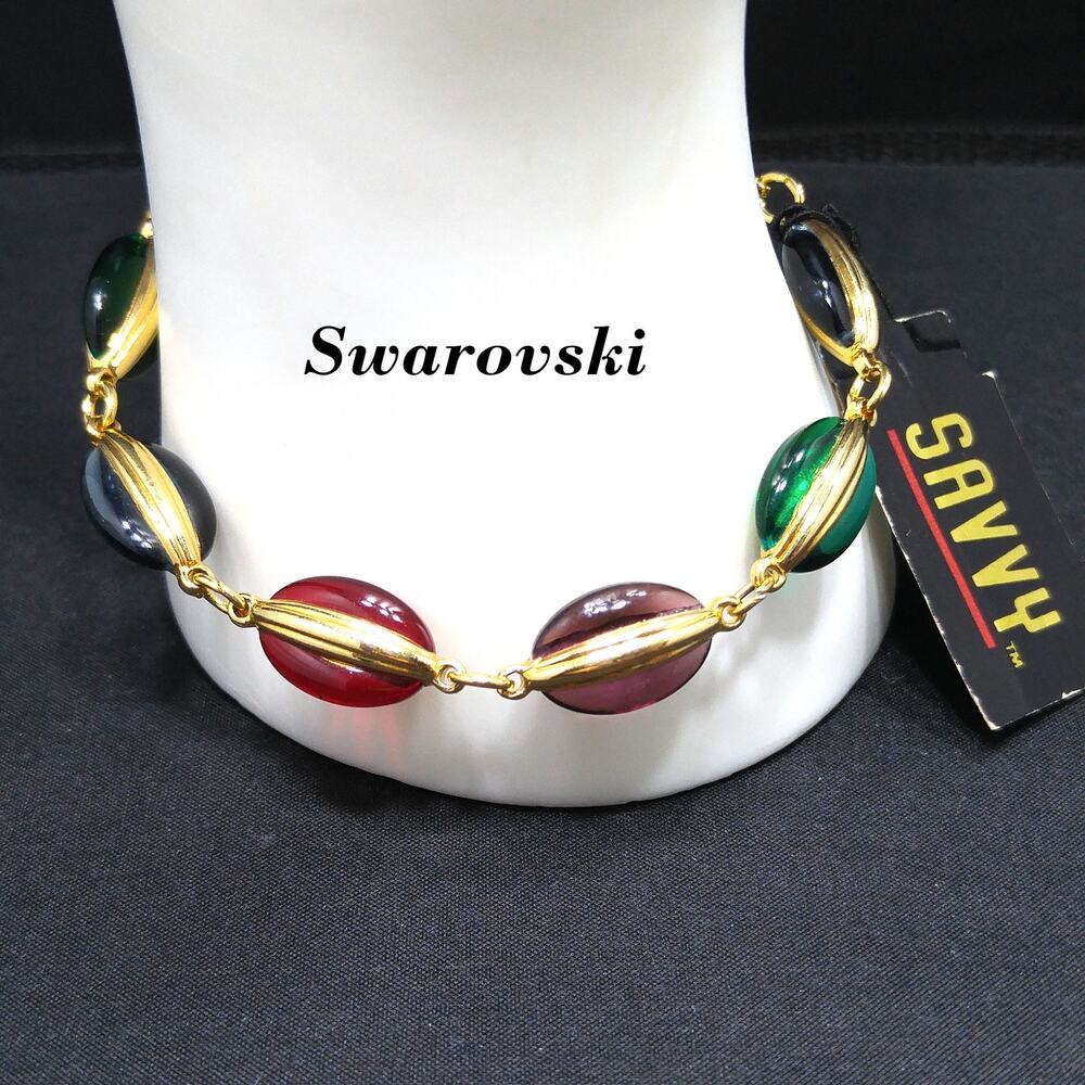 Vintage Swarovski Savvy Multicolor Crystal Bracelet Gold Tone Swan Logo